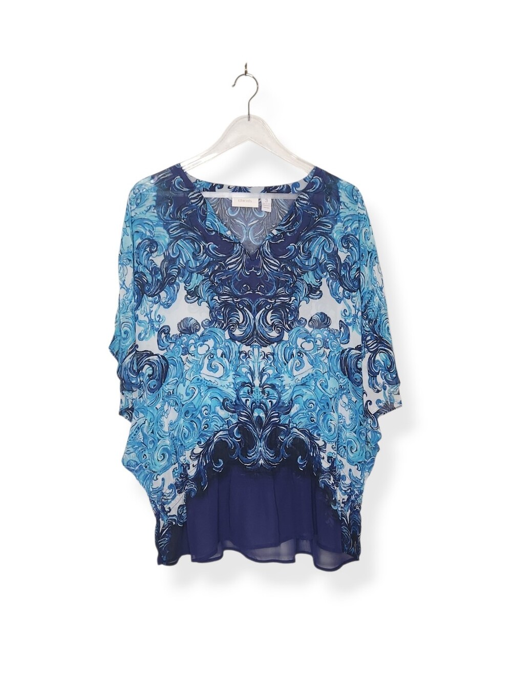 Chico's Navy Blue and Aqua Abstract Print Peplum Top Flare Sleeve Size 3 XL
